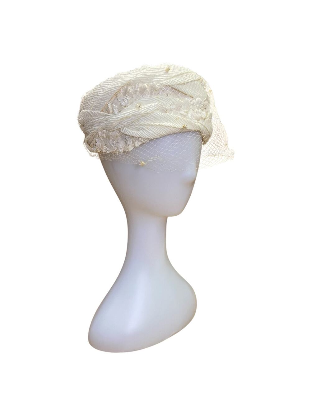 1950s Ivory Pillbox Hat with Netting Union Made Vintage Cocktail Hat